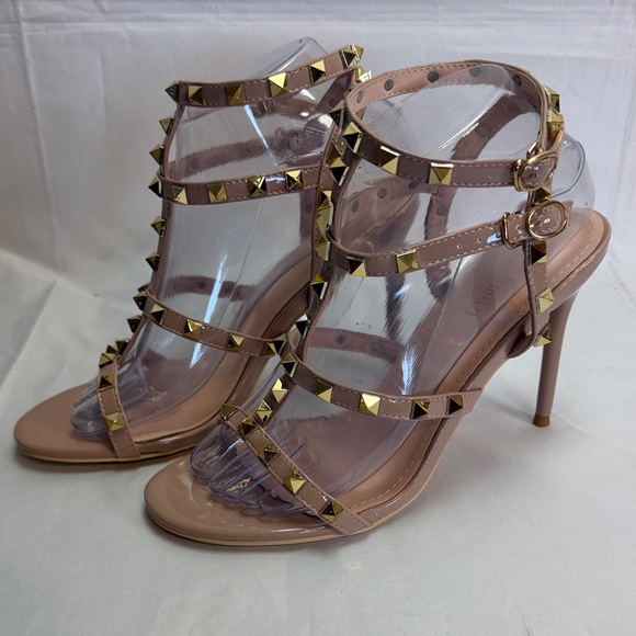 Pink/Tan Studded Sandals Belt Rivet Heels Women’s sz 8 - Picture 4 of 9